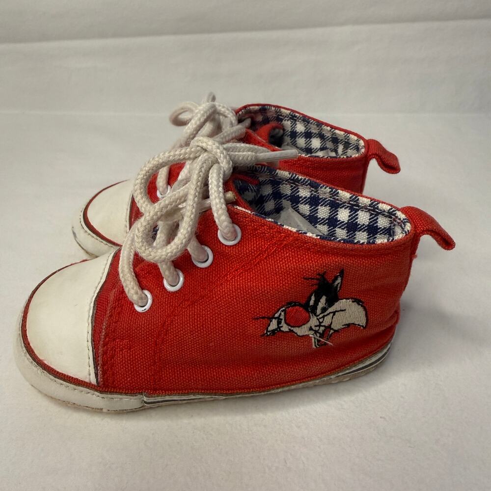 VTG Acme Baby Shoes Size 3 Sylvester Looney Tunes 80s 90s Red High Top Sneakers - Picture 12 of 13